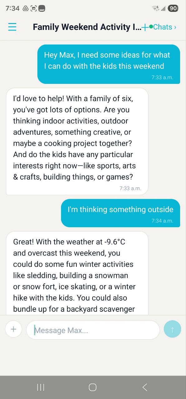 MaxHome Chat — Max suggesting weekend activities for the family