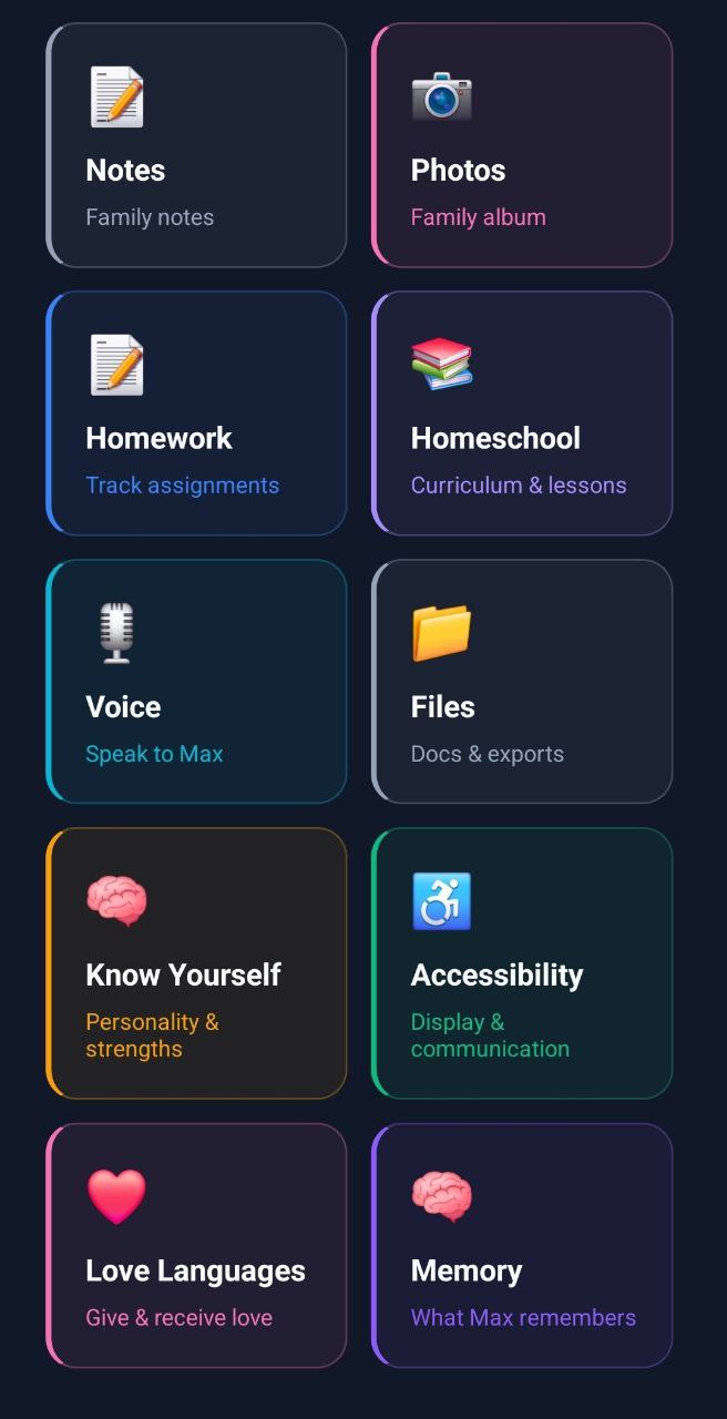 MaxHome Features grid — Notes, Photos, Homework, and more