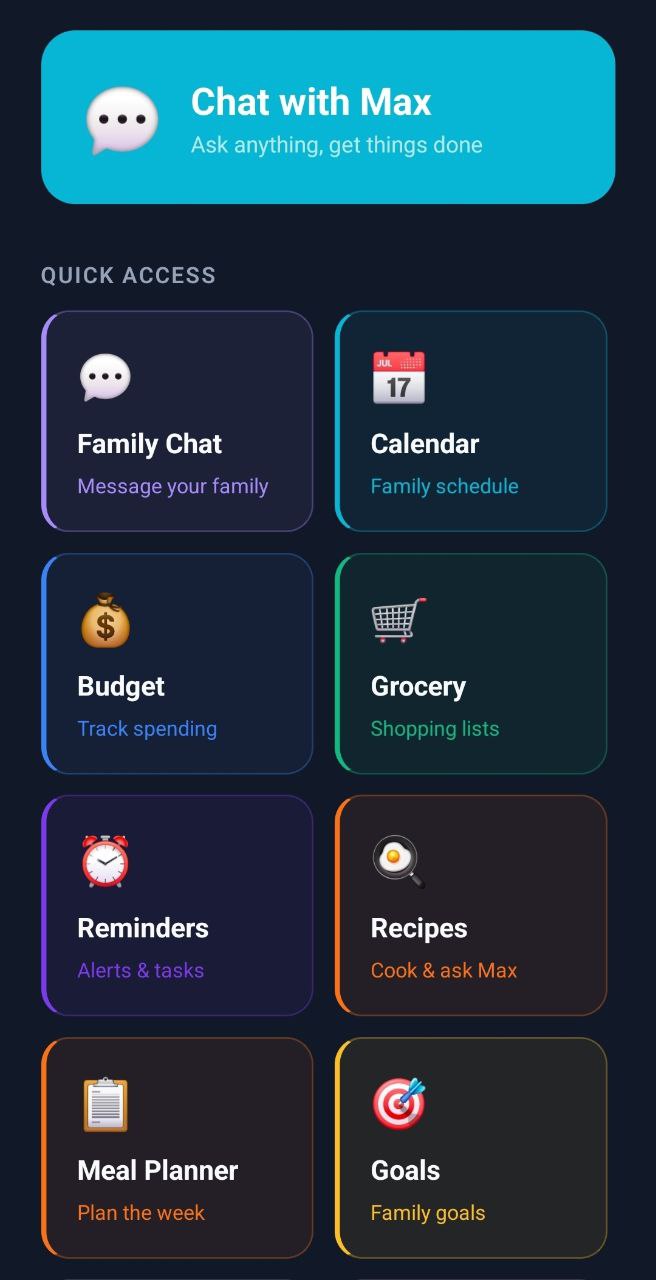 MaxHome Home screen — Chat with Max hero and feature grid