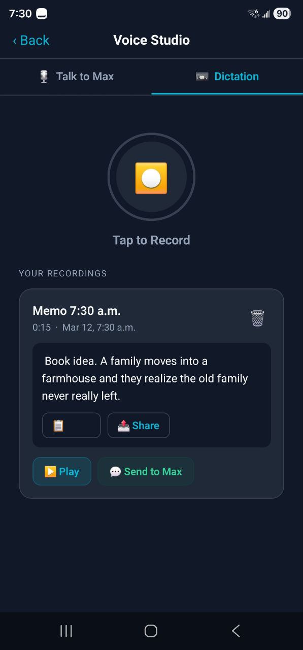 MaxHome Voice Studio — dictation tab in dark mode